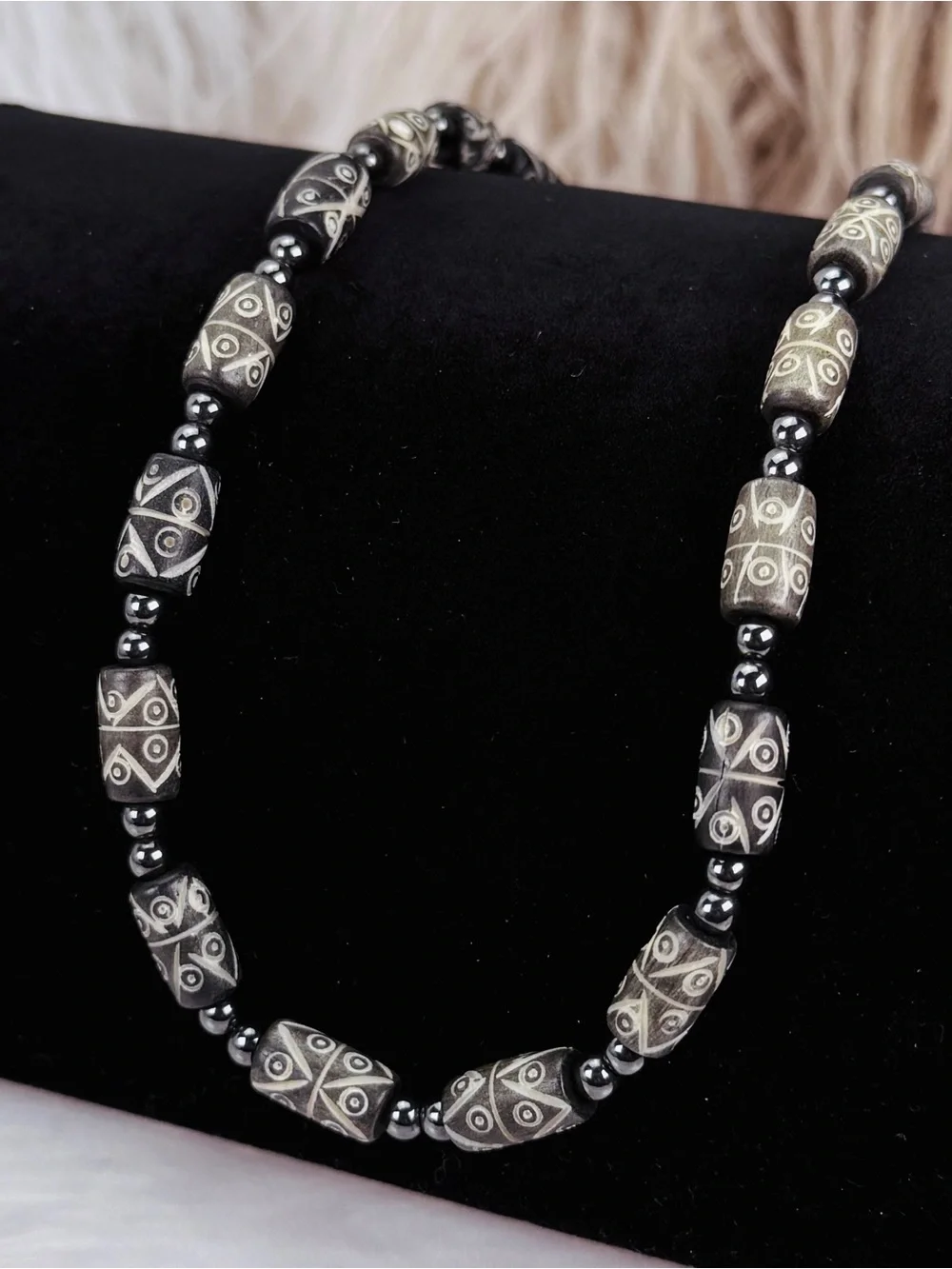 Bohemian chic Black Carved Beaded Necklace